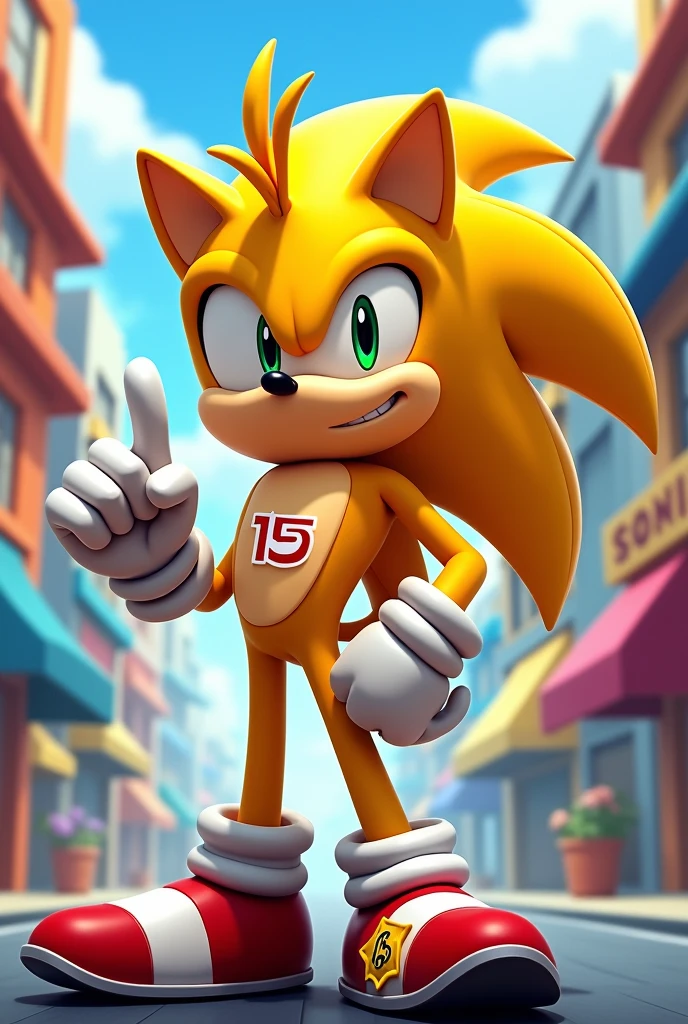 Yellow Sonic dressed in a yellow outfit and the number 15 with a cool finger 
