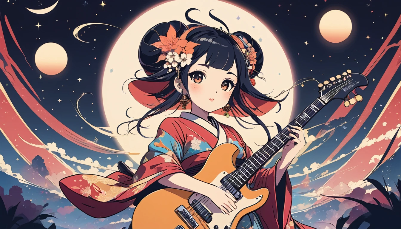 Electric guitar、Oiran、Wide-angle lens, Lofi Anime, Lofi illustration, Aesthetic atmosphere, Lo-Fi Style, Vector art, Flat Design, Simple shape, Warm tones, Pleasant atmosphere, Chill, In anime style, Digital drawing, Vector art, Vector logo for t-shirt printing, (Adorable:1.5), (small:1.4), (Playful:1.2), (soft:1.3), (Whimsical:1.1), masterpiece, Highest quality, 8k, Intricate details, grow, Celestial, Mysterious, Picturesque, amazing, Majestic, Magic, Fantasy art, Cover art, dream-like