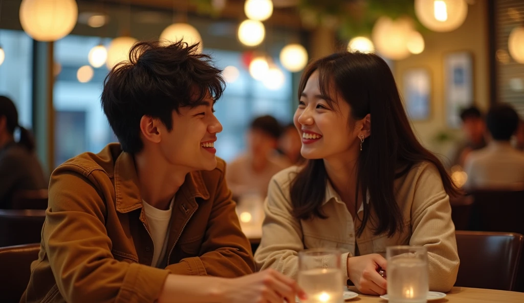 Two Japanese university students, a man and a woman, dressed in fashionable clothes, are talking with bright expressions,Excited, Photo of your face, In a stylish restaurant, with a natural look, With a slightly tired look, tilt your face a little, Diagonal orientation, Average face
