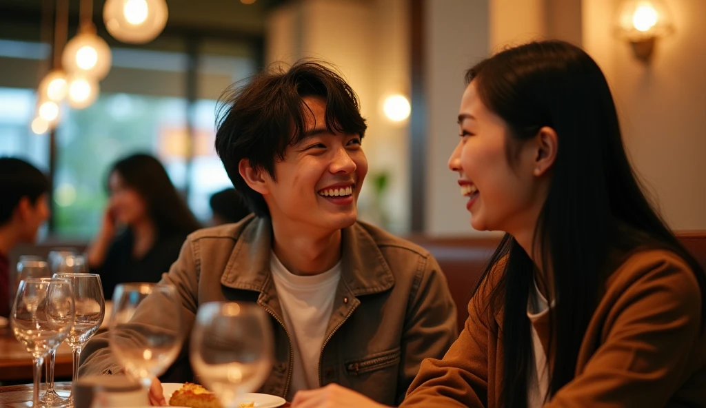 Two Japanese university students, a man and a woman, dressed in fashionable clothes, are talking with bright expressions,Excited, Photo of your face, In a stylish restaurant, with a natural look, With a slightly tired look, tilt your face a little, Diagonal orientation, Average face