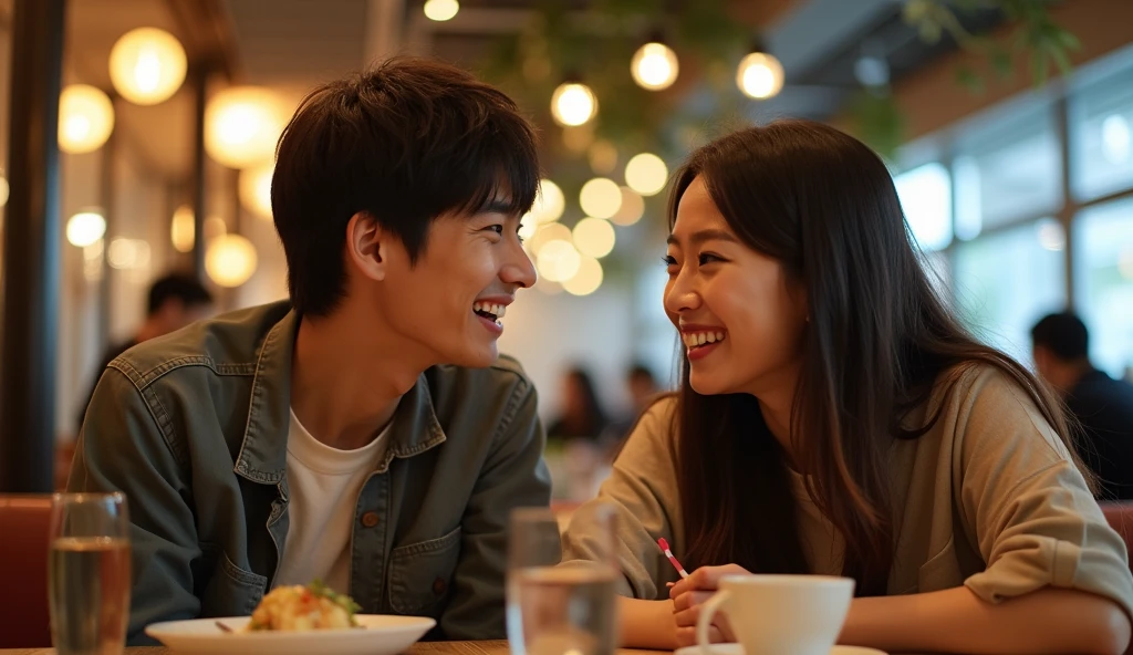 Two Japanese university students, a man and a woman, dressed in fashionable clothes, are talking with bright expressions,Excited, Photo of your face, In a stylish restaurant, with a natural look, With a slightly tired look, tilt your face a little, Diagonal orientation, Average face