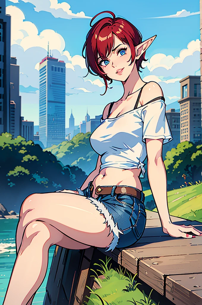 1girl, female mature elf, curvy body build, short red hair, blue eyes, white off shoulder sleeveless tee shirt, stomach showing, blue denim mini shorts, black stiletto high heels, seductive smile, seductive pose, sitting on grassy field, full pouty lips, front view, head tilted towards viewer