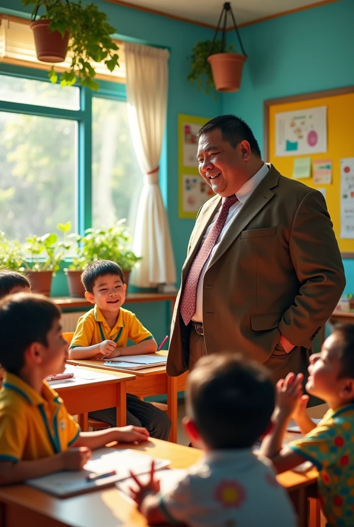 A fat teacher in Thailand, a man wearing a brown suit, is scolding children.