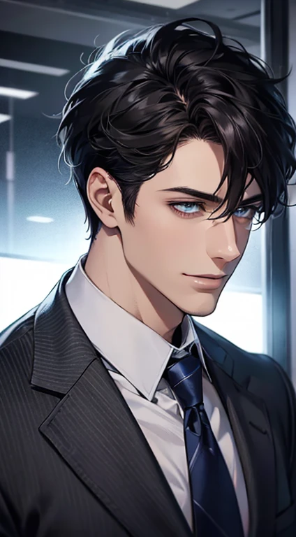 (Highest quality,4K,8K,High resolution,masterpiece:1.2),Super detailed,(Realistic,photoRealistic,photo-Realistic:1.37),1 person,31 years old,Mature Man,Beautiful skin、Profile、very handsome,Expressionless,smile,Short gray black hair,blue eyes,Sharp Eyes,A perfect face without a doubt,Businessman,Office Background,Cinema Lighting,HDR image,tie、