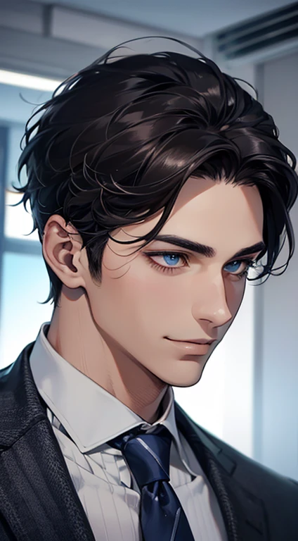 (Highest quality,4K,8K,High resolution,masterpiece:1.2),Super detailed,(Realistic,photoRealistic,photo-Realistic:1.37),1 person,31 years old,Mature Man,Beautiful skin、Profile、very handsome,Expressionless,smile,Short gray black hair,blue eyes,Sharp Eyes,A perfect face without a doubt,Businessman,Office Background,Cinema Lighting,HDR image,tie、