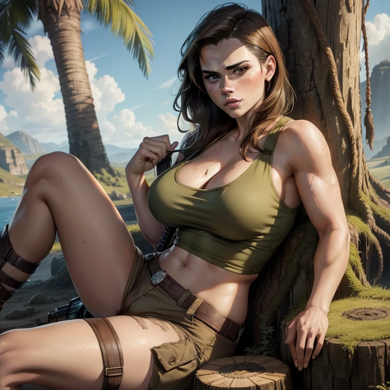 ((Hayley Atwell as Lara Croft)), Art image of Lara Croft, Ancient, busty, beautiful, large breasts, curvy and voluptuous, sky blue tank top, torn and dirty clothes, tan cargo shorts, perching on a tree stump