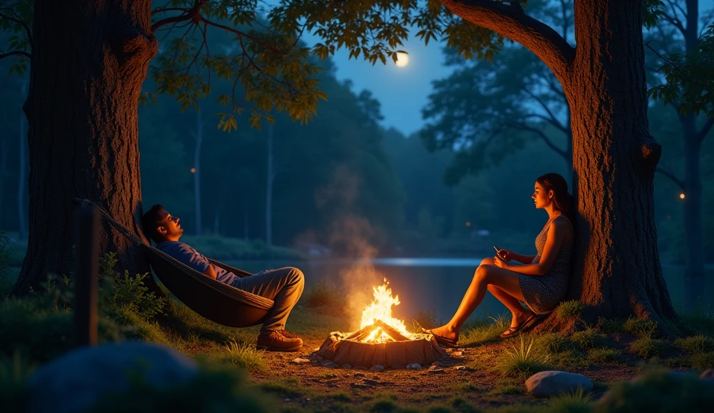 A man lying in a hammock in a forest at night with a campfire in the center, and a woman sitting on a tree trunk next to him