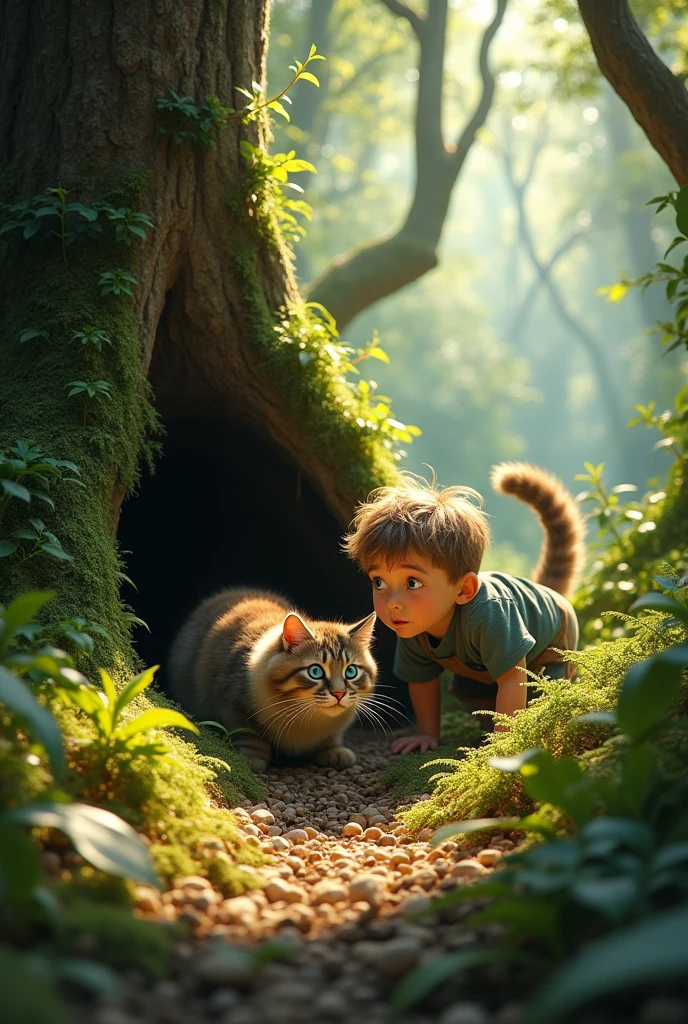 a forest with a boy and the cat falls into the hole