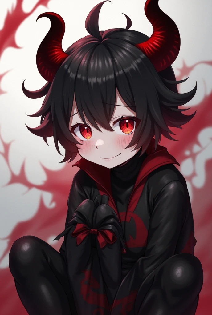 Demon Souls, child, shotacon, pose sexy, horns, Red eyes, by white, black latex suit ANIME, portrait, Ahegao, masculine, smile.