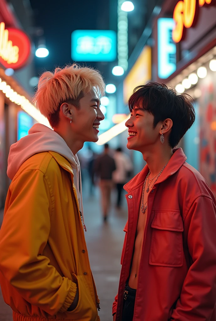 felix from stray kids (k-pop group) talking with yeonjun from tomorrow x together (k-pop group)