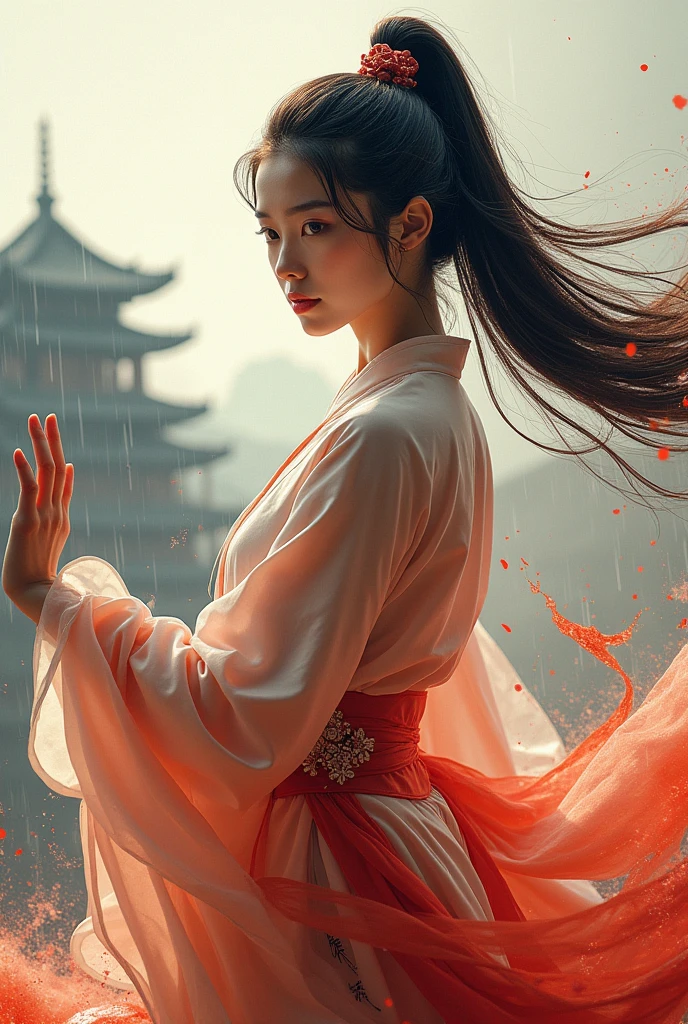 (Photorealistic, RAW, 16K, Masterpiece, UHD), full body, splash-ink tai chi illustration, yin yang illustration, Chinese Wuxia (real sexy Dilraba Dilmurat), ponytail, dramatic angle, looking_at_viewer,(fluttered detailed ink splashs), (illustration),(((1 girl))),(long hair), (Beautiful face), ,(rain:0.6),((expressionless ,Carmine hair ornament:1.4)),(There is a palace far away from the girl),chinese clothes,((focus on the girl)), color Ink wash painting,(ink splashing),(Huaqing splashing),((colorful)),[sketch],best quality, beautifully painted,highly detailed,(denoising:0.7),[splash ink],yin yang, tai chi, perfect hand, perfect fingers, beautiful eyes, ,xuer Ancient golden armor, Dual Sword,Weapon