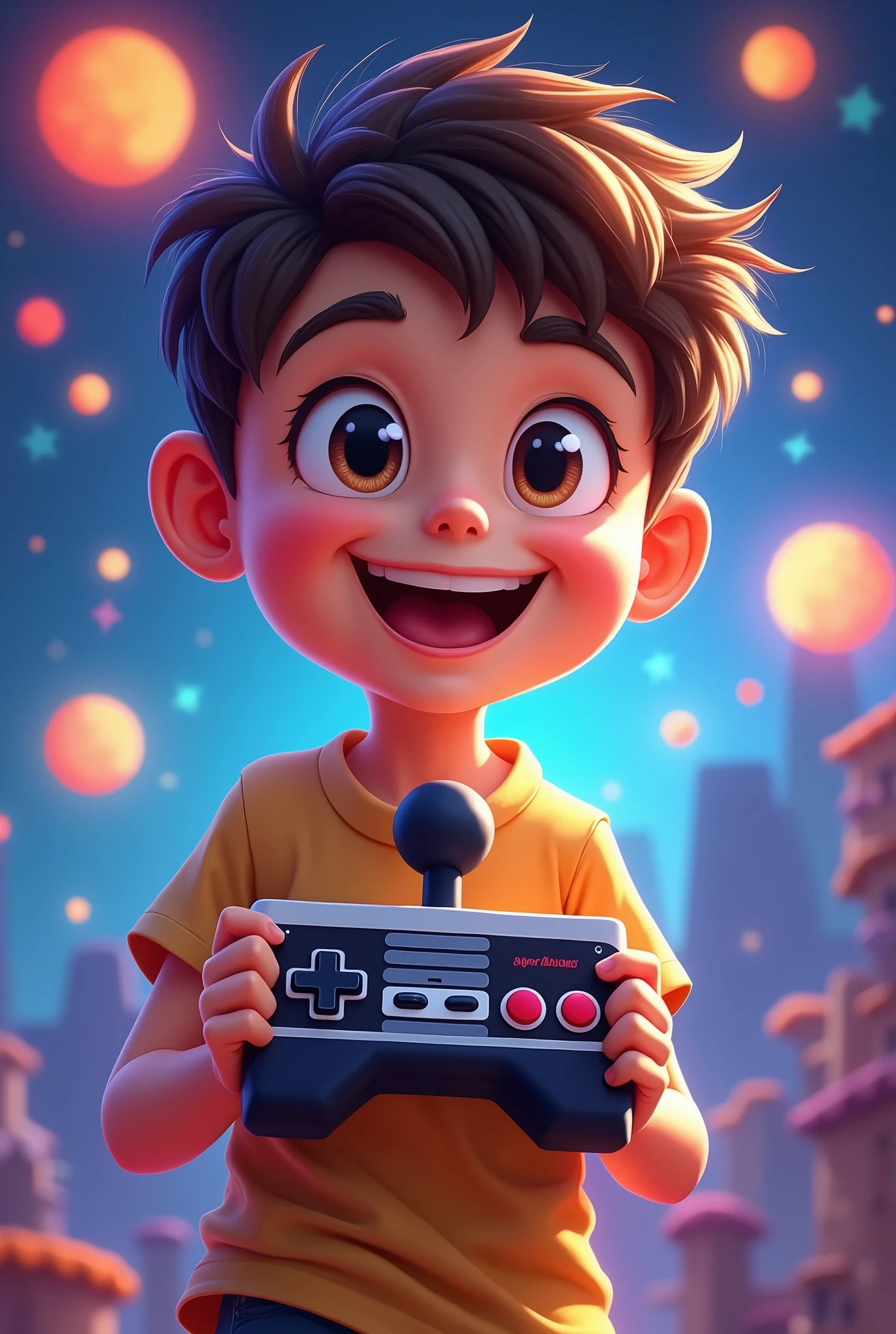 Create an avatar of a young boy holding a Super Nintendo joystick in his hand. The image should be a front-facing profile view, capturing the boy's expression and the details of the controller. The style should be inspired by Disney's cartoon aesthetics, with smooth lines, expressive eyes, and vibrant colors. The boy should look lively and enthusiastic, reflecting the joy of playing classic games