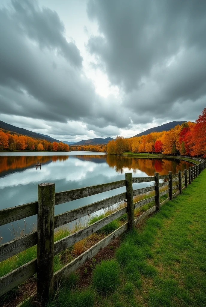 green plain old wooden fence a lake cloudy sky beautiful colorful trees