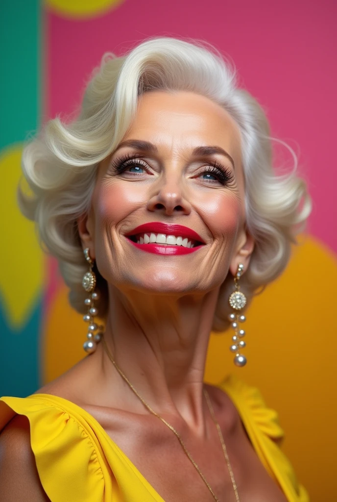 Generate a full shot of an older woman, striking with full, glossy lips slightly pursed in a playful and flirtatious manner. His eyes are large and sparkle with a mischievous, inquisitive glint.. His head is tilted down, which creates a lovely, shy pose of small waist and beautiful hips. The background should be vibrant, with bright colors that match their playful expression.