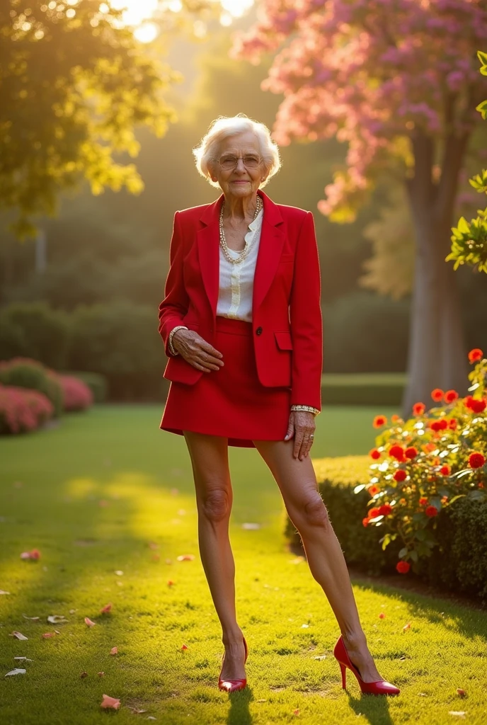 Old woman in a suit with a miniskirt and a jacket and high-heeled sandals standing with her legs very wide open and full body in a park