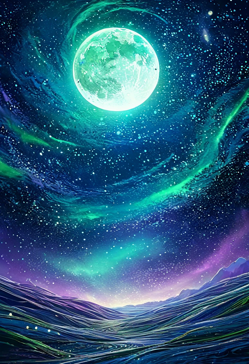 The moon is surrounded by many, many glowing stars. The starry sky is twinkling and the light trails are even brighter. Surreal scene. Beautiful stunning composition. Subtle shadows and highlights. Dark blues, light blues and greens, and purple tones. More color layers. Transformation Mystery Vibrant Tones Action Painting Highly Detailed HD Cinematic Close-Up Magical Fantasy Gorgeous Digital Art