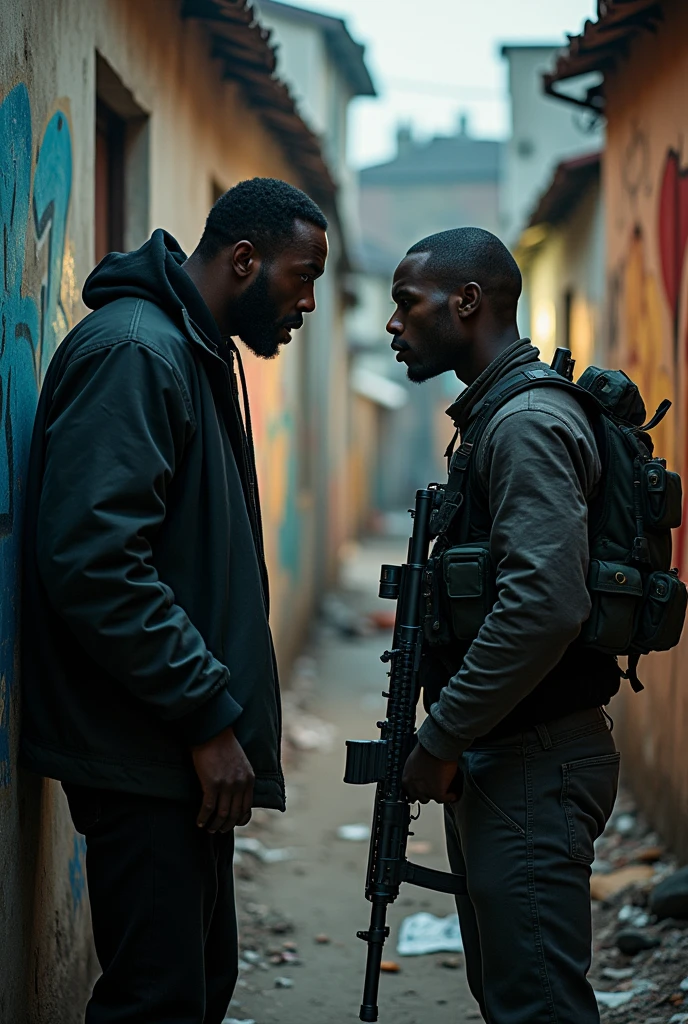 black character, angry at Male with sniper shooter, background of a gang,front angle view