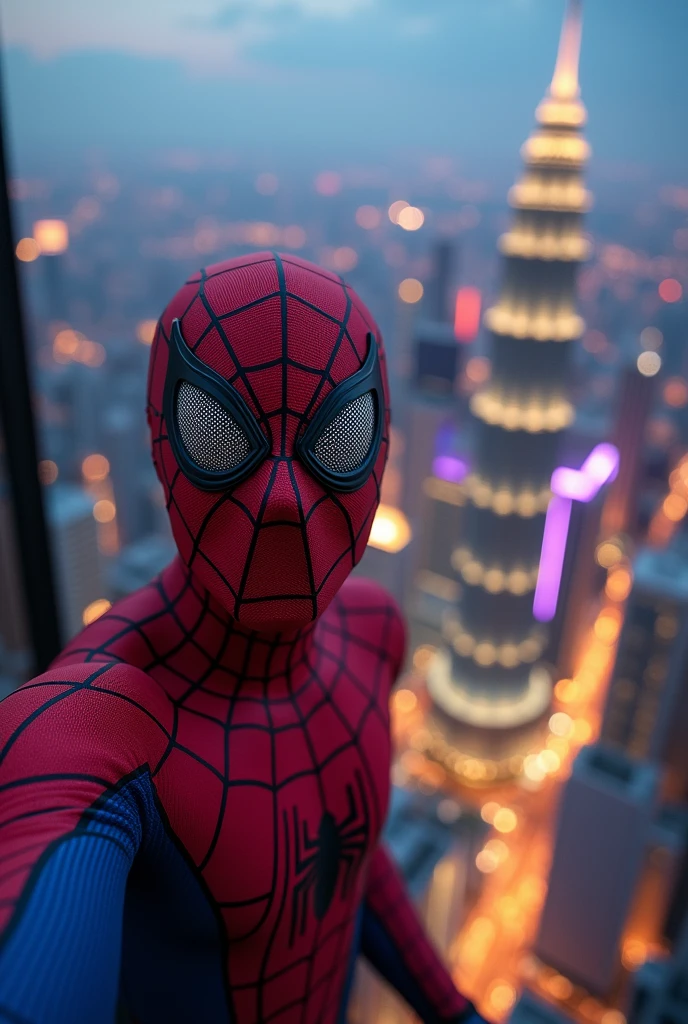 spiderman open mask  jawa face guy Indonesia guy ,1man,climbing on klcc tower,taking selfie on top of klcc tower,detailed facial features,sharp focus,photorealistic,octane render,8k,hdr,studio lighting,hyperrealistic,extremely detailed,dramatic lighting,cinematic,trending on artstation,beautiful vivid colors,vibrant colors,realistic shadows,ray tracing,4k,hyper detailed. Background Kuala lumpur