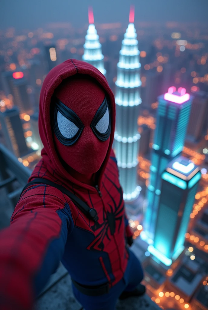 spiderman open mask jawa face guy Indonesia guy ,1man,climbing on klcc tower,taking selfie on top of klcc tower,detailed facial features,sharp focus,photorealistic,octane render,8k,hdr,studio lighting,hyperrealistic,extremely detailed,dramatic lighting,cinematic,trending on artstation,beautiful vivid colors,vibrant colors,realistic shadows,ray tracing,4k,hyper detailed. Background Kuala lumpur