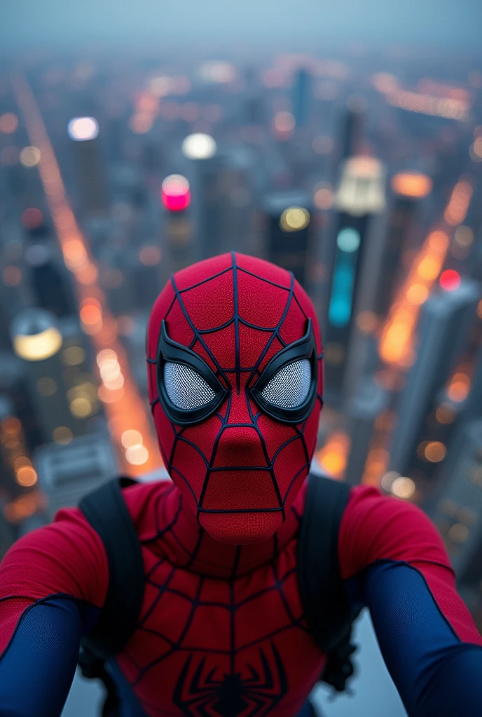 spiderman open mask  jawa face guy Indonesia guy ,1man,climbing on klcc tower,taking selfie on top of klcc tower,detailed facial features,sharp focus,photorealistic,octane render,8k,hdr,studio lighting,hyperrealistic,extremely detailed,dramatic lighting,cinematic,trending on artstation,beautiful vivid colors,vibrant colors,realistic shadows,ray tracing,4k,hyper detailed. Background Kuala lumpur