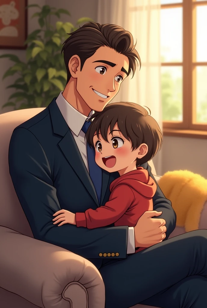 anime style drawing of a man standing in a suit with his son on his lap realistic