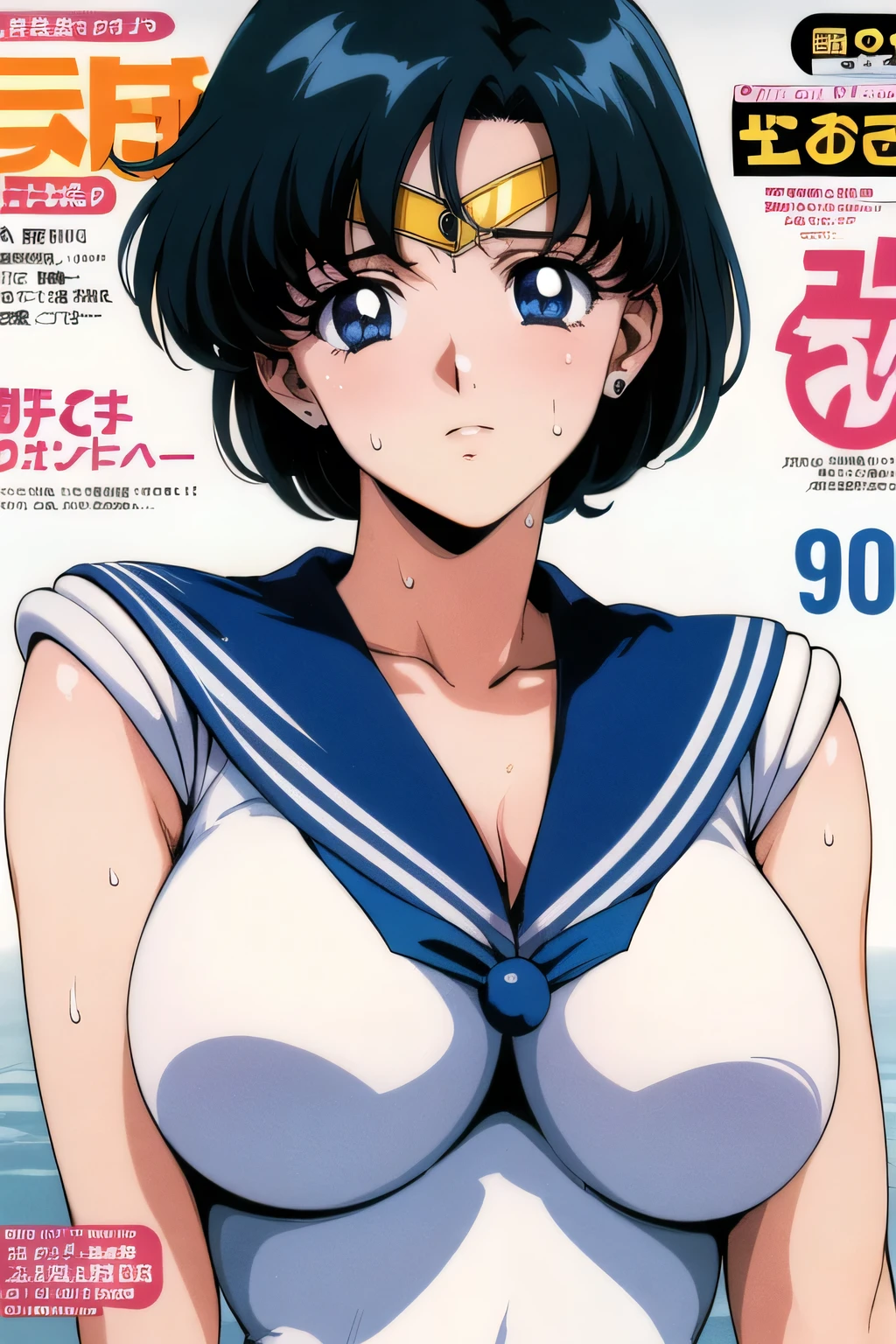 masterpiece, Highest quality, High resolution, Sailor Mercury　1990s \(style\),、(Big Breasts)、Sweating all over the body、vapor、、Magazine Cover