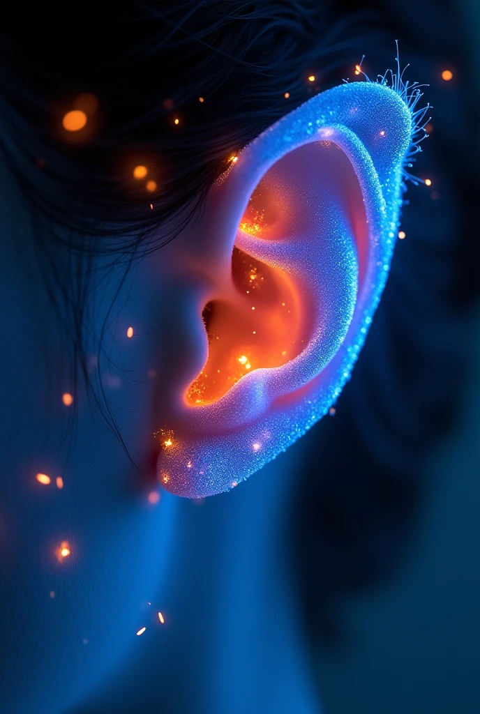 Dibujo de orejas normales con oídos espirituales en tonos azules neon realist sobrenatural con chispas fuego, realist