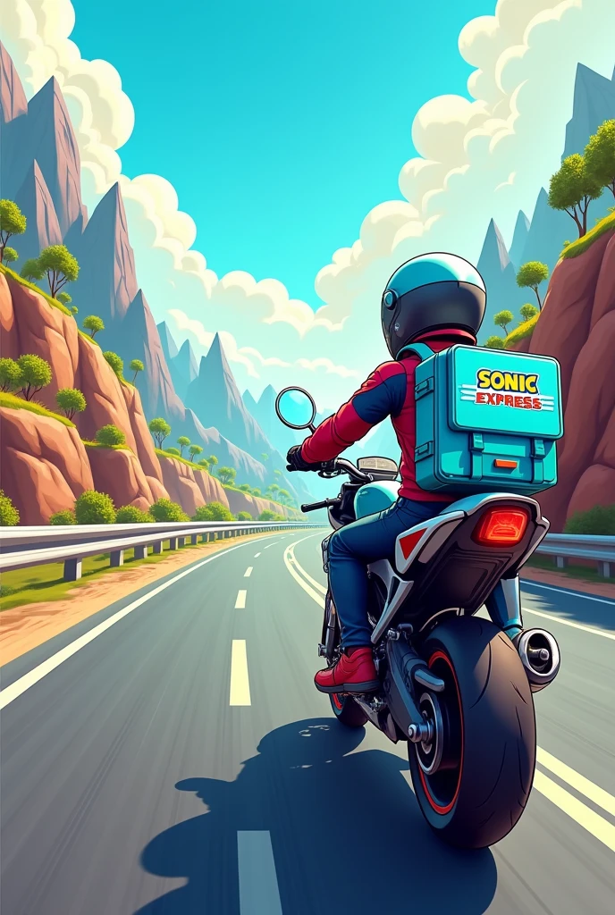 Location map that has 2 points and a Sonic delivery with a light blue backpack that says Sonic Express on a motorcycle