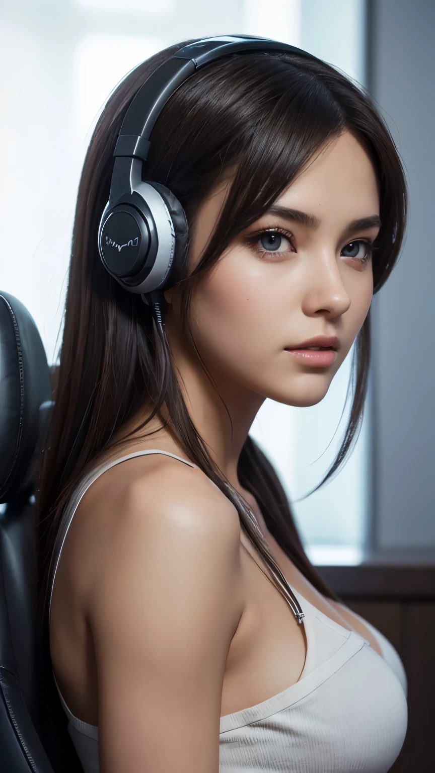 a gamer girl, high-quality headphones, detailed gaming room, beautiful detailed face, beautiful detailed eyes, sexy alluring pose, masterpiece, ultra-detailed, photorealistic, professional, vivid colors, studio lighting, extremely detailed description, (best quality, 4k, 8k, highres, masterpiece:1.2), ultra-detailed, (realistic, photorealistic, photo-realistic:1.37), concept art