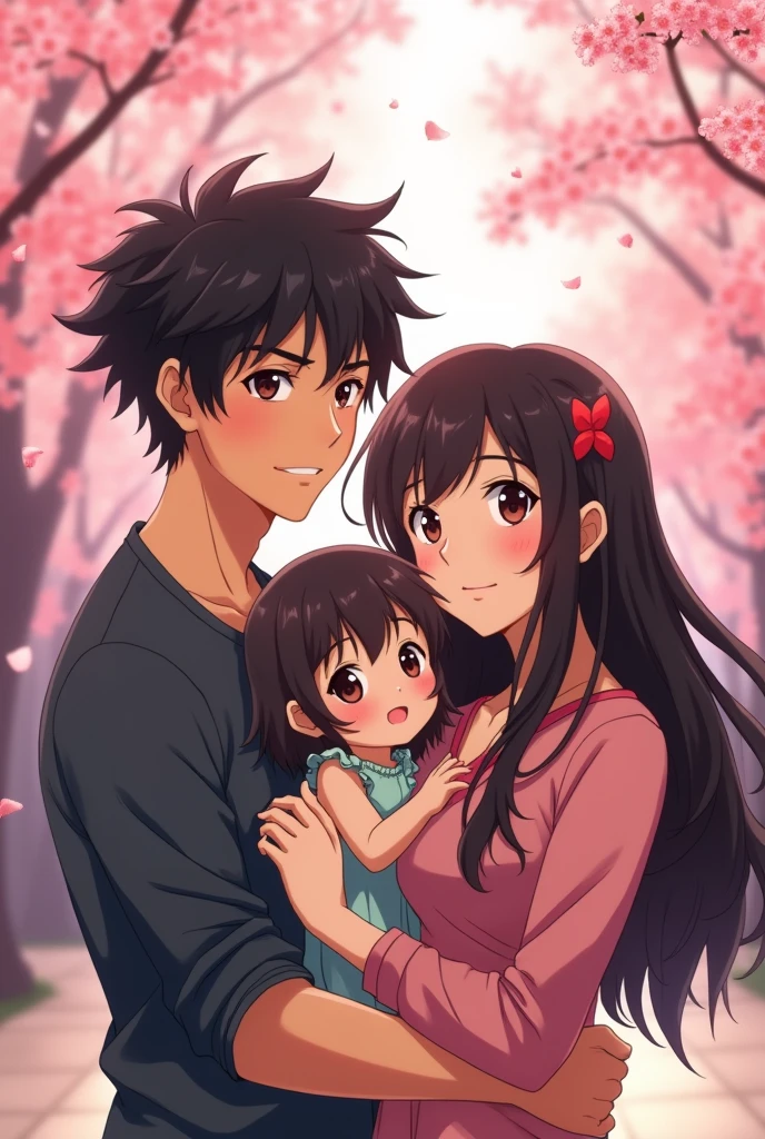 An anime man with black hair and dark maroon Eyes and he is standing with  an anime woman with long middle brunette hair and dark brown eyes and they are standing with their daughter 