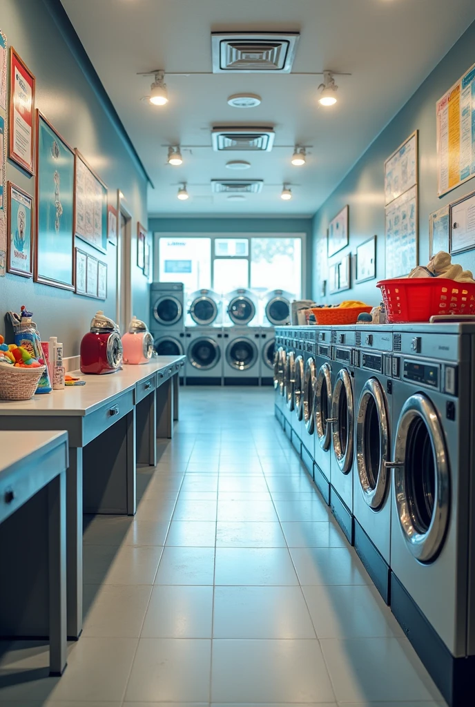 Self-service laundry company with washing machines on the right side and drying machines on the left side and in the center tables for ironing and folding

