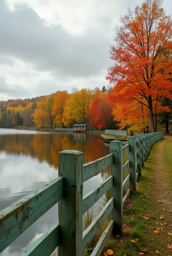 green plain old wooden fence a lake cloudy sky beautiful colorful trees
