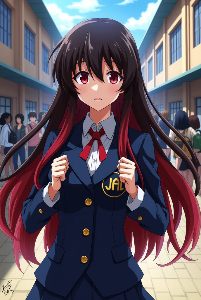 Screenshot of My Hero Academia.
Black haired girl with long red locks with bangs, Red eyes, he has a serious expression, he is wearing the UA uniform and in the background he is in a UA hallway