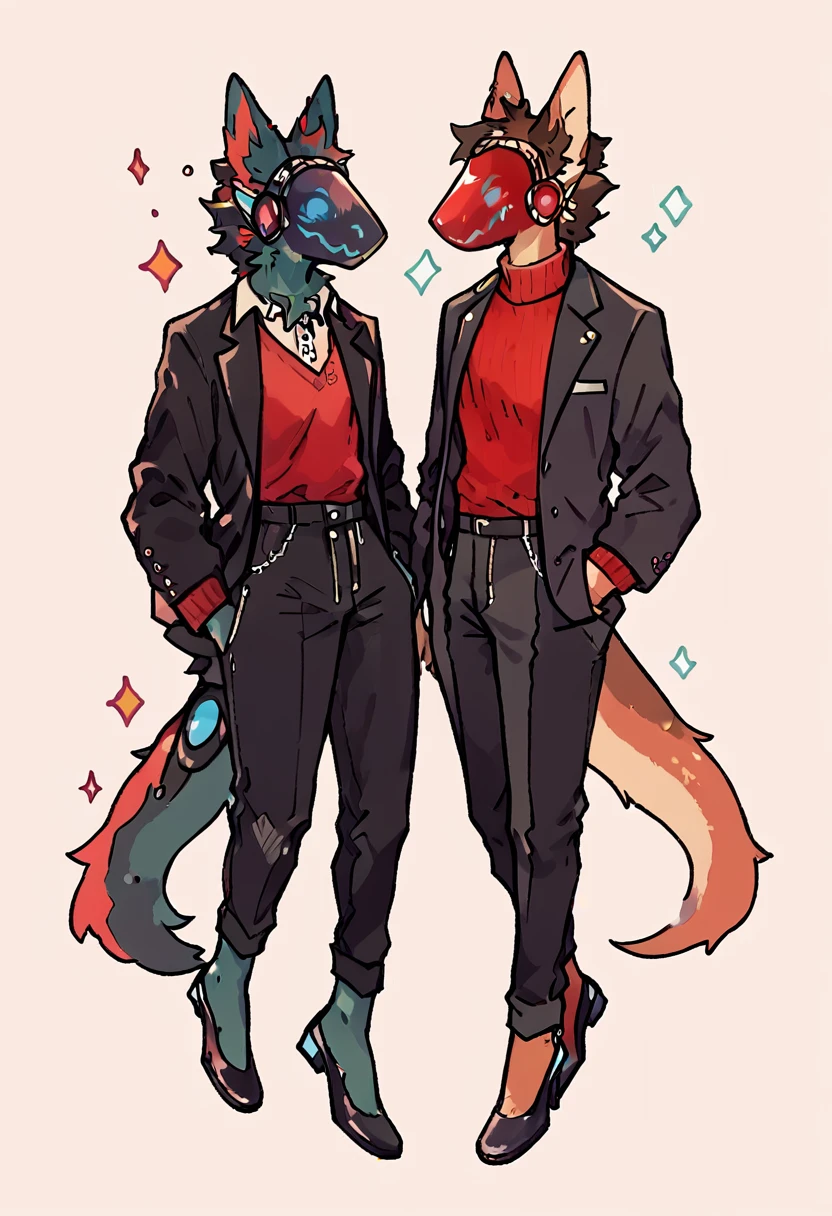 Beautiful portrait of a dark chestnut brown furry Protogen wearing a fire red sweater, elegant black pants, black shoes, Elegant black jacket and details on the protogen visor in red