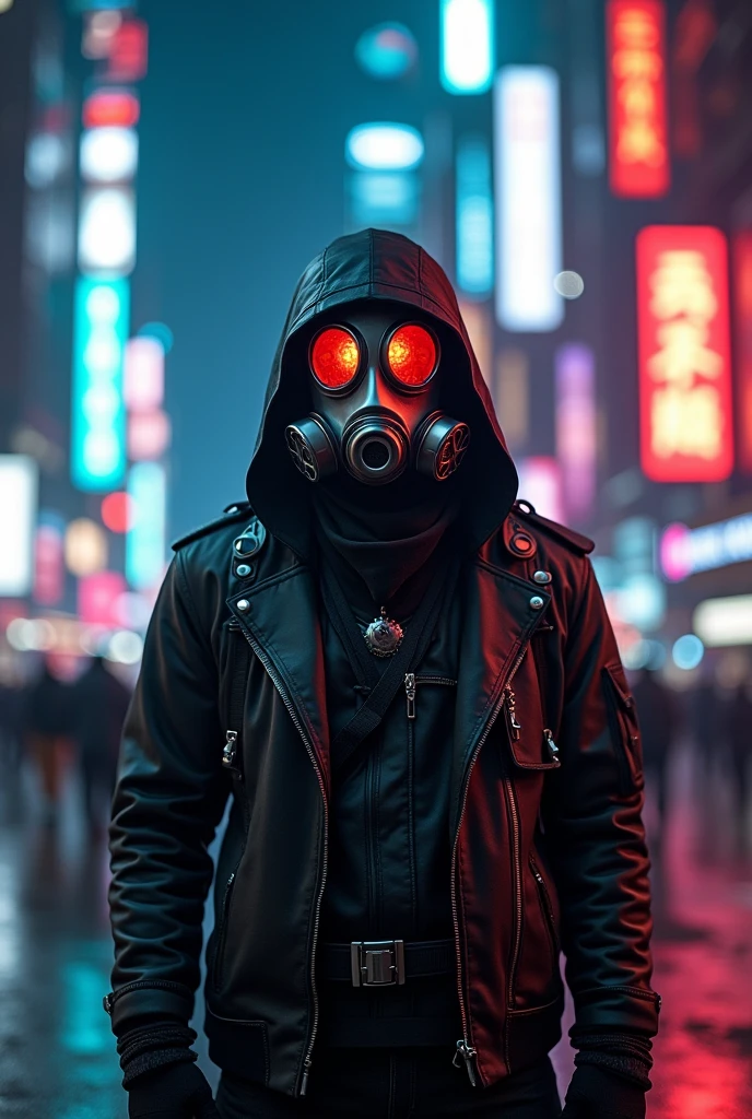 a futuristic man in a gas mask, neon lights, glowing details, intricate machinery, cyberpunk, highly detailed, cinematic lighting, dramatic shadows, moody atmosphere, dystopian future, photorealistic, 8k, hyper detailed, sharp focus, incredible detail, vibrant colors, chiaroscuro, dramatic composition, intricate mechanical design