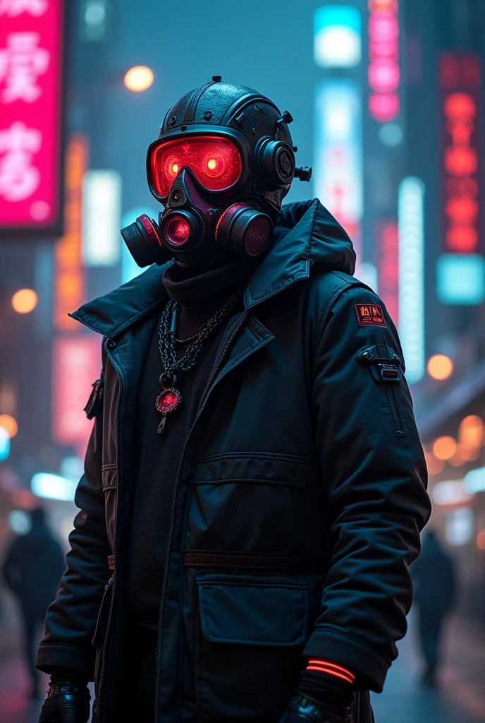 a futuristic man in a gas mask, neon lights, glowing details, intricate machinery, cyberpunk, highly detailed, cinematic lighting, dramatic shadows, moody atmosphere, dystopian future, photorealistic, 8k, hyper detailed, sharp focus, incredible detail, vibrant colors, chiaroscuro, dramatic composition, intricate mechanical design