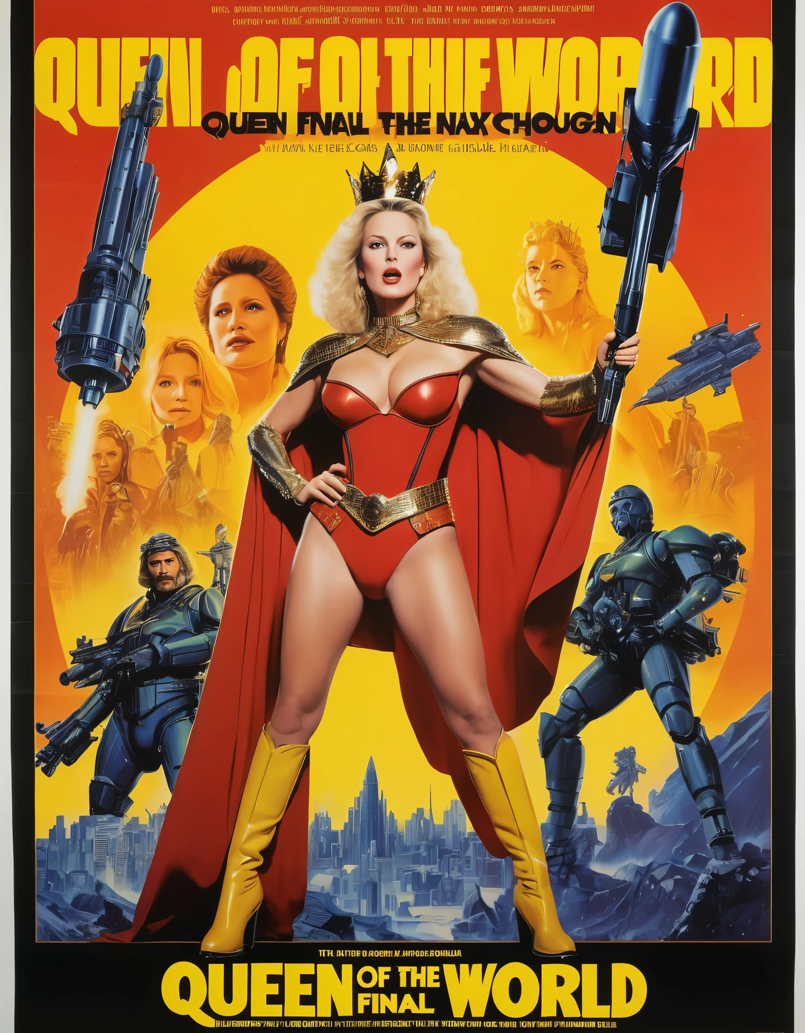 High quality, 1990s sci-fi movie poster, titled “Queen of the Final World” in bold large Yellow text on top. Filled with headshots of other actors tightly layered besides each other. In the center is a (40 years old), tall powerful ((Jewish woman)), dramatic pointing pose, holding a raygun, wide chin, big nose, broad shoulders, wide hips, thick thighs, blonde hair, red crown, golden shoulder pads, plunging neckline, (bare midriff), (large crotch bulge), thigh-high boots, red cape.