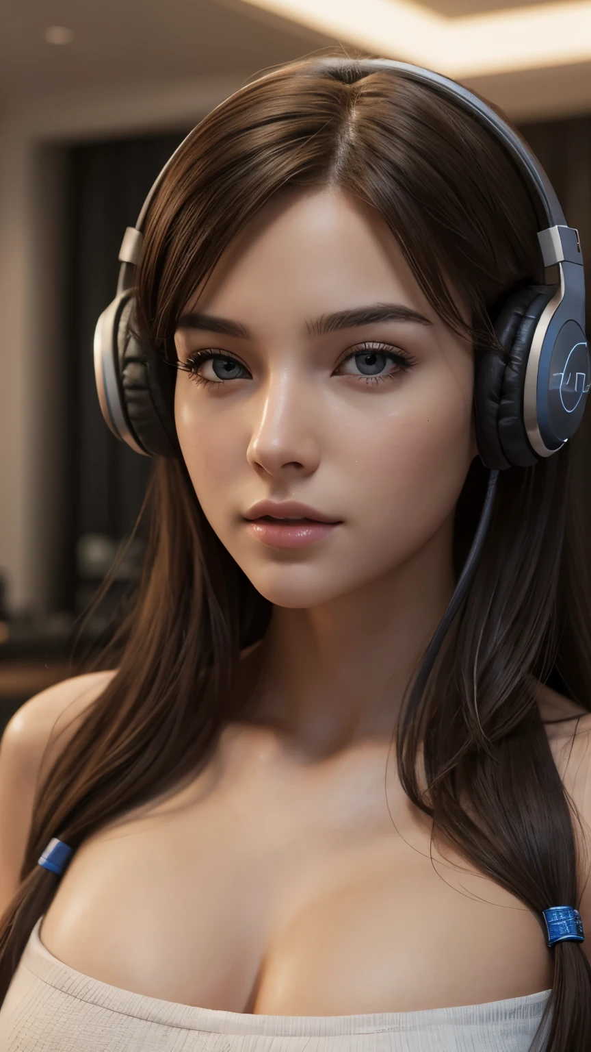 a gamer girl, high-quality headphones, detailed gaming room, beautiful detailed face, beautiful detailed eyes, sexy alluring pose, masterpiece, ultra-detailed, photorealistic, professional, vivid colors, studio lighting, extremely detailed description, (best quality, 4k, 8k, highres, masterpiece:1.2), ultra-detailed, (realistic, photorealistic, photo-realistic:1.37), concept art