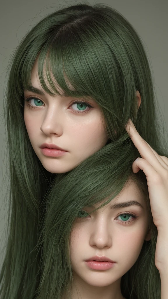 a girl. European. Extremely detailed face. Oval face. Delicate facial features. Half-closed eyes. Long straight hair. Messy hair. Bangs. Green hair. Green eyes. Frustrated and Angry. Shy. Straight face