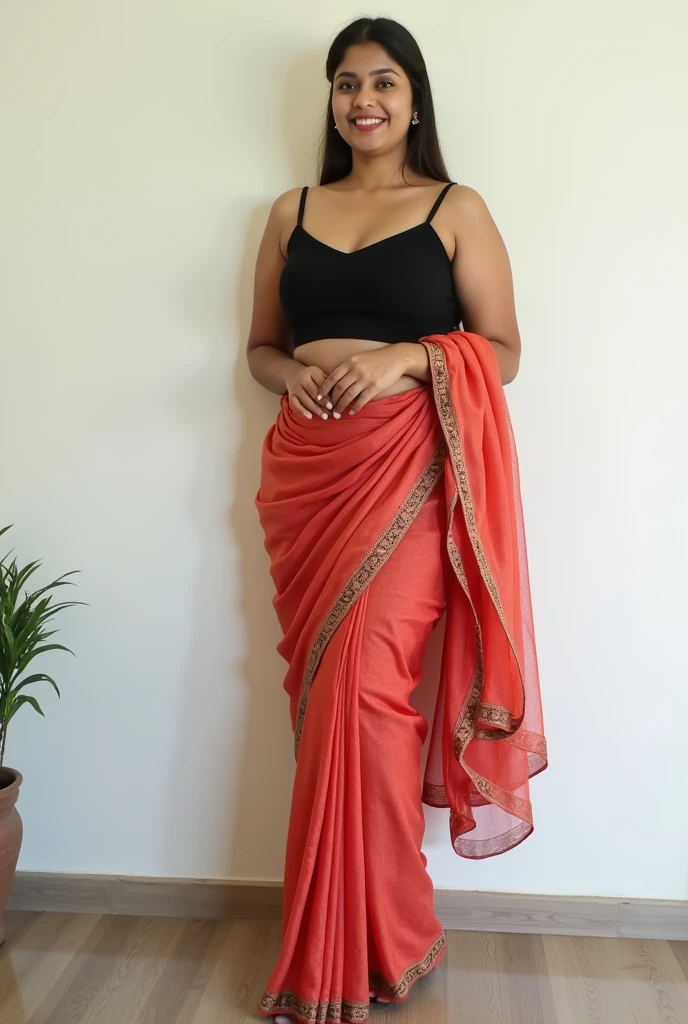 (photorealism:1.2), beautiful indian north indian married chubby woman, 35yo, big breasts, standing against white wall at home, wearing indowestern skirt agd black strappy choli top, long straight hair pony, indoors, soft lighting, nothing in background, matching traditional footwear