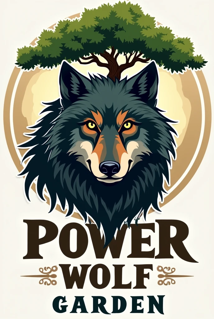 "A logo featuring a giant wolf's head with a tree growing out of the top of the wolf's head. At the bottom, the text 'Power Wolf Garden' is written."