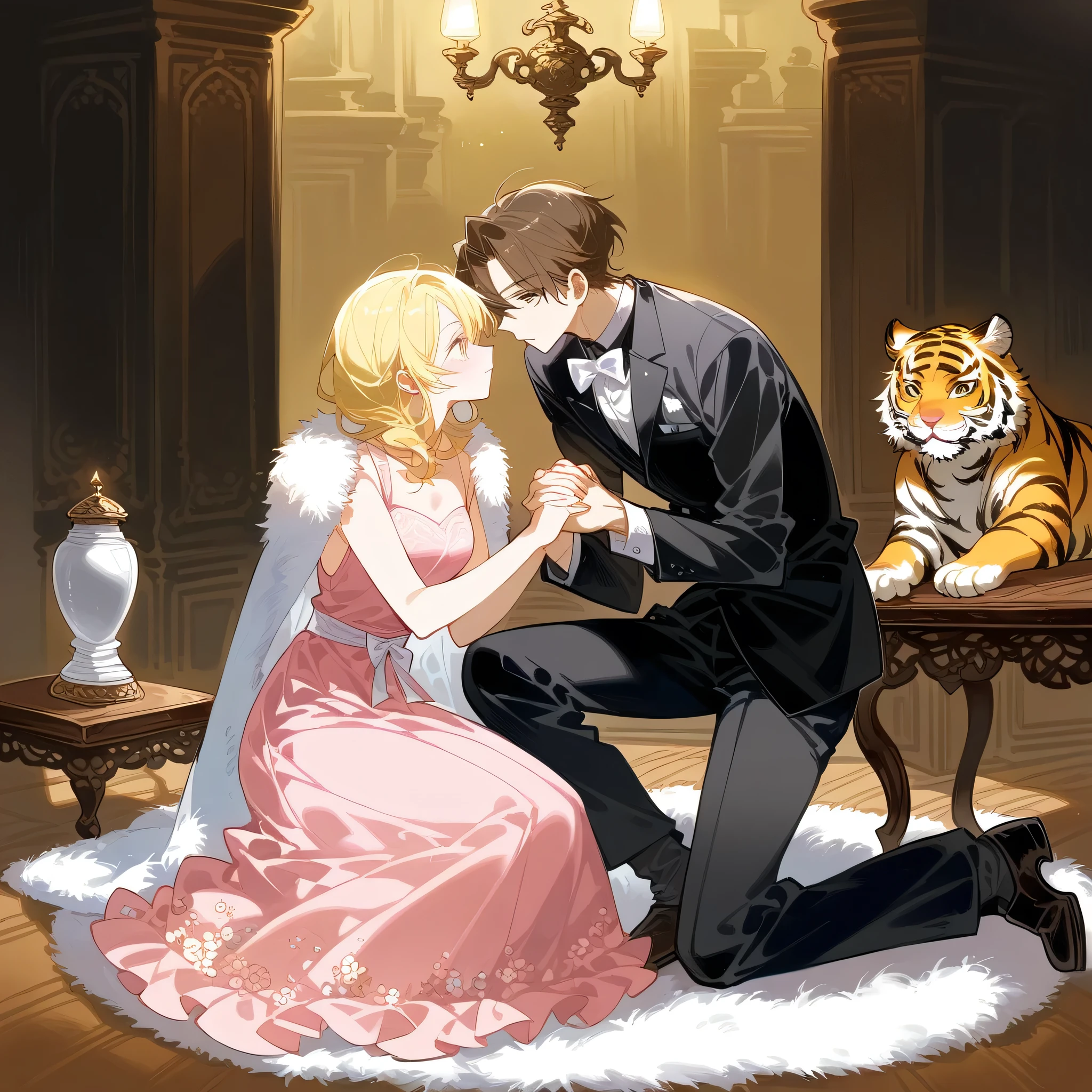 A finely detailed illustration showcasing a vintage, early 20th-century setting. A woman with curled, blonde hair is sitting on the floor, wearing a flowing, pastel pink gown with a floral design on her shoulders. She gazes up affectionately at a man who is kneeling on one knee in front of her. The man is dressed in a black tuxedo with a white bow tie, his hands clasped as if in deep conversation or admiration. The scene is set against an ornate background, featuring a polished wooden table with a decorative lamp on the left and a marble statue on the right. The floor is adorned with a large animal skin rug, possibly a tiger, adding a luxurious touch to the room. The overall atmosphere exudes elegance, intimacy, and a touch of romanticism, j c leyendecker 8 k