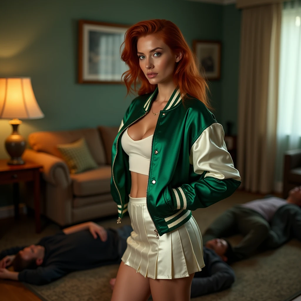 wide depth of field, wide depth of focus, f/11 lens setting, all objects in focus, living room background, full body image, green and white short cropped soft shiny satin bomber jacket,  zipped up jacket, pleated shiny satin mini skirt, redhead woman posing with a pistol ,，almost perfect, pure form, intricate details, 8K post-production, high resolution, super detailed, Popular topics on Artstation,, Studio photos, intricate details, Very detailed, several unconscious men lay on the floor in the background