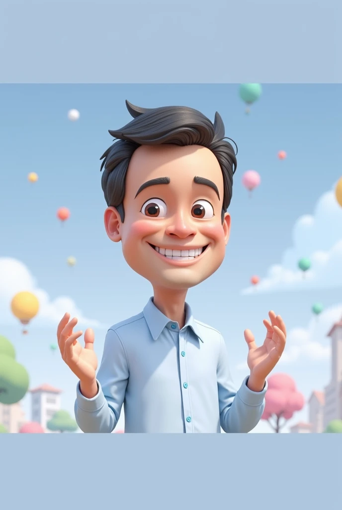 Cartoon character of a man blue shirt, 45 years old adult, an animated character, stylized character, animation style rendering, 3d stylized, waving hands up