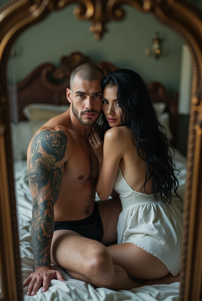 White man,  tattooed an eagle on his forearm and a lion on his bicep on his left arm sitting on the bed taking a picture in the mirror with a white woman, with long black hair on top of the man sitting looking back without showing the faces and the blurred tattoos