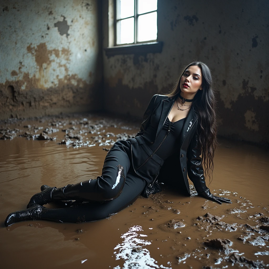 A captivating and color photo of one business goth lady, exuding a slender, model-like appearance with long hair. She is dressed in black long classic business skirt, black dirty business jacket. vest, shirt, torn stockings, black choker on the neck. She located in very muddy and very flooded field. She crawling on her knees and 2 elbows in flirtatious and provocative pose deep in the water and liquid mud ,dips her head in the liquid mud and very tears her clothes and gets stuck in mud, but fully clothed in business skirt suit, she smear a lot of liquid mud on own clothes and torn and rip it by hand. All her clothes is dirty, torn, ripped and sloppy, her skirt and jacket are very stained in a liquid mud and dirt. She look like have played in mud in a large swamp with brown liquid mud, her clothes covered with liquid mud from head to toe. The studio light brilliantly illuminates all her clothes in details, casting small shadows and emphasizing the texture of the mud, milk on her clothes. Please focus on stains of liquid mud on her clothes. View angle of the camera from top and from backs of the business lady and rotated left.