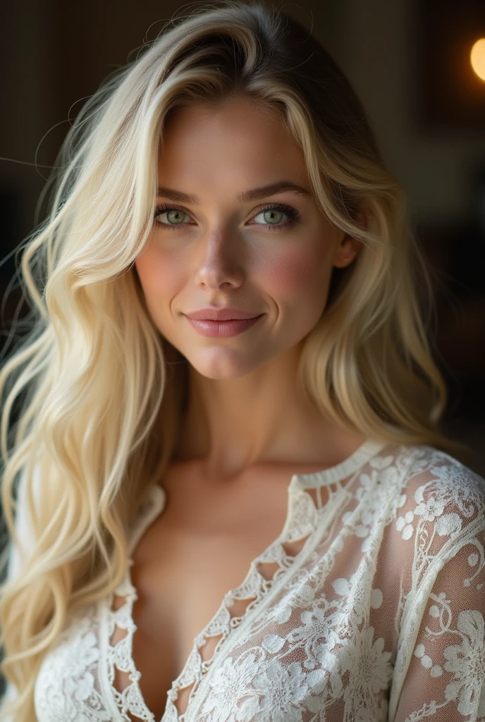 (((best qualityer))),highy detailed, High resolution 25 year old woman, hair blonde, light green eyes, fleshy lips, wears a sexy lace shirt with lots of details