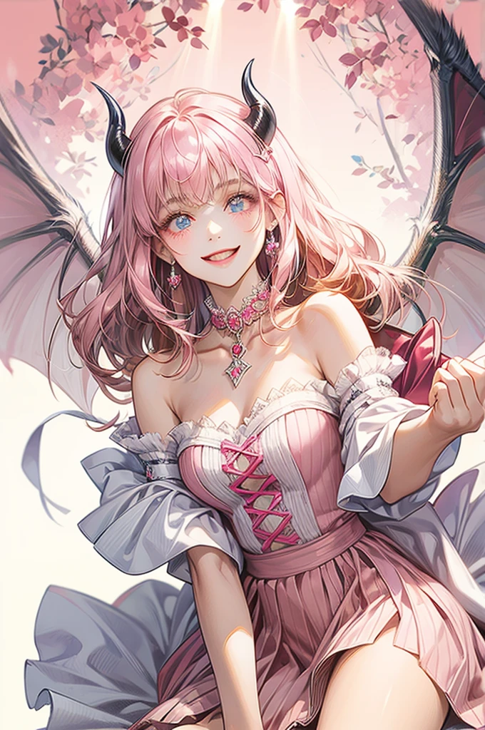 Cute devil girl, devil wings, white background, smiling and staring at you, realistic illustration style, wearing a pink outfit with a stuffy collar, not revealing