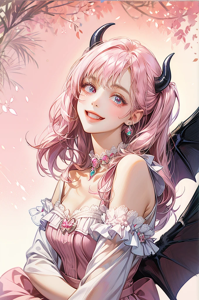 Cute devil girl, devil wings, white background, smiling and staring at you, realistic illustration style, wearing a pink outfit with a stuffy collar, not revealing