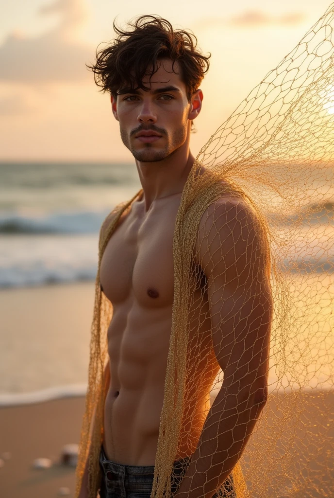 naked/fully naked handsome young man in a gold fishing net